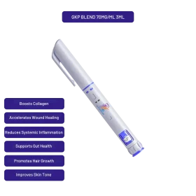 GKP BLEND preloaded 3ml autoinjector pen at 70mg/ml with callouts of key research features