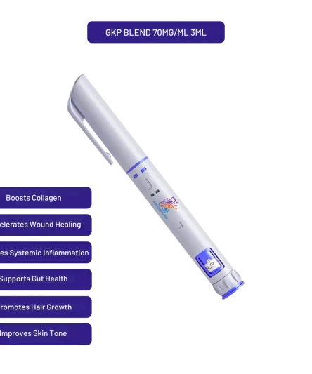 GKP BLEND preloaded 3ml autoinjector pen at 70mg/ml with callouts of key research features