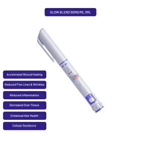 GLOW BLEND preloaded 3ml autoinjector pen at 50mg/ml with callouts of key research features