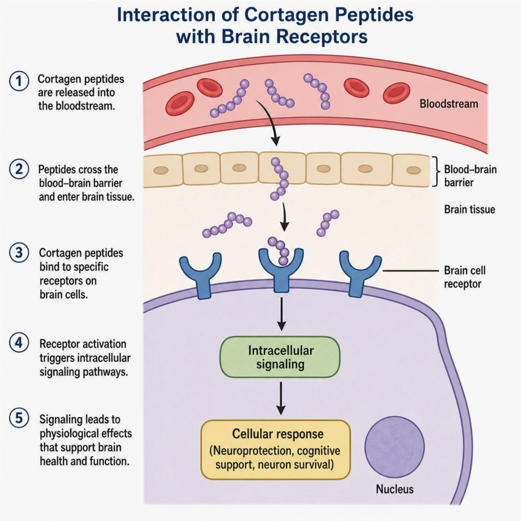 A diagram that explains how Cortagen peptide interacts with brain receptors.