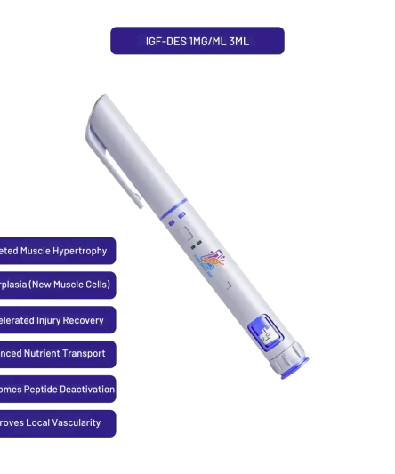 IGF-DES preloaded 3ml autoinjector pen at 1mg/ml with callouts of key research features