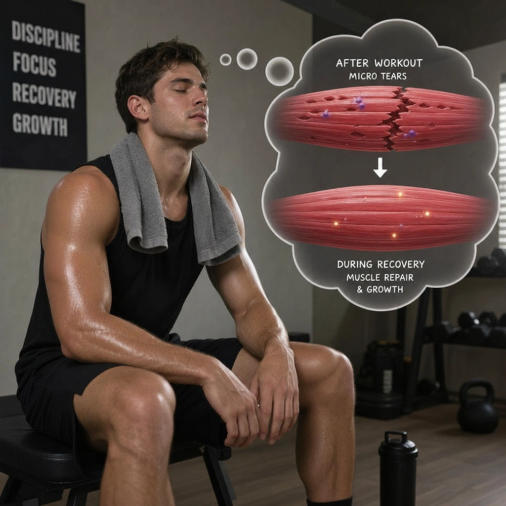 Image that depicts how muscle fibers experience micro tears from training and recover to become bigger and stronger.