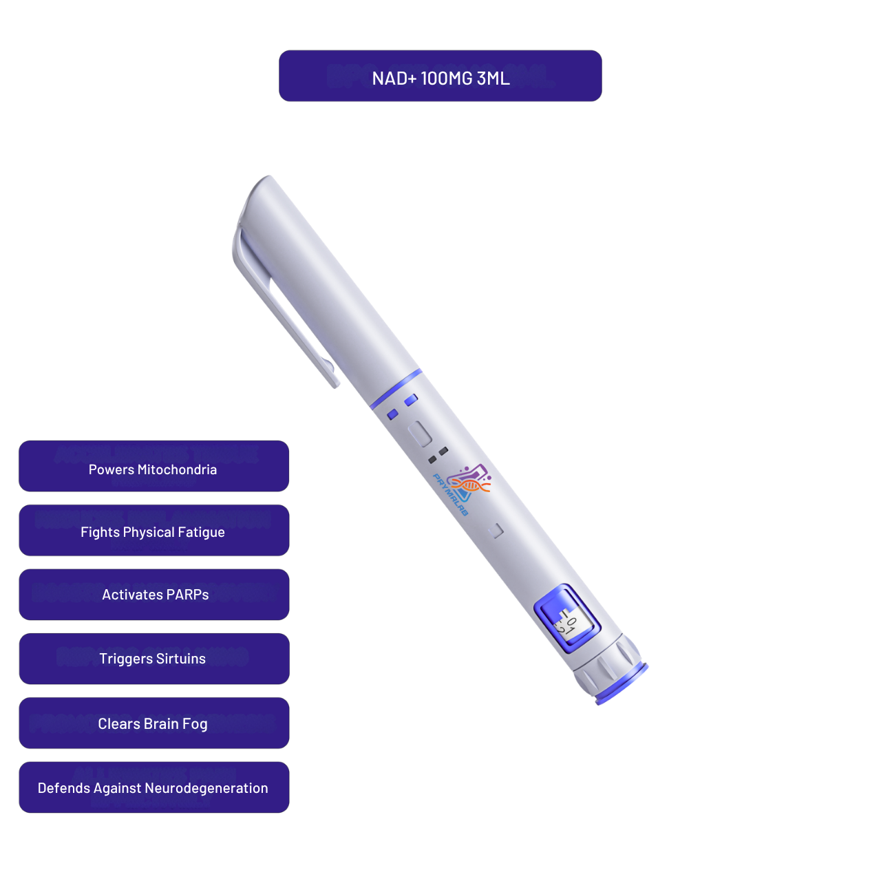 NAD+ preloaded 3ml autoinjector pen at 100mg/ml with callouts of key research features
