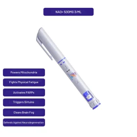 NAD+ (injectable) preloaded 3ml autoinjector pen at 500mg/ml with callouts of key research features