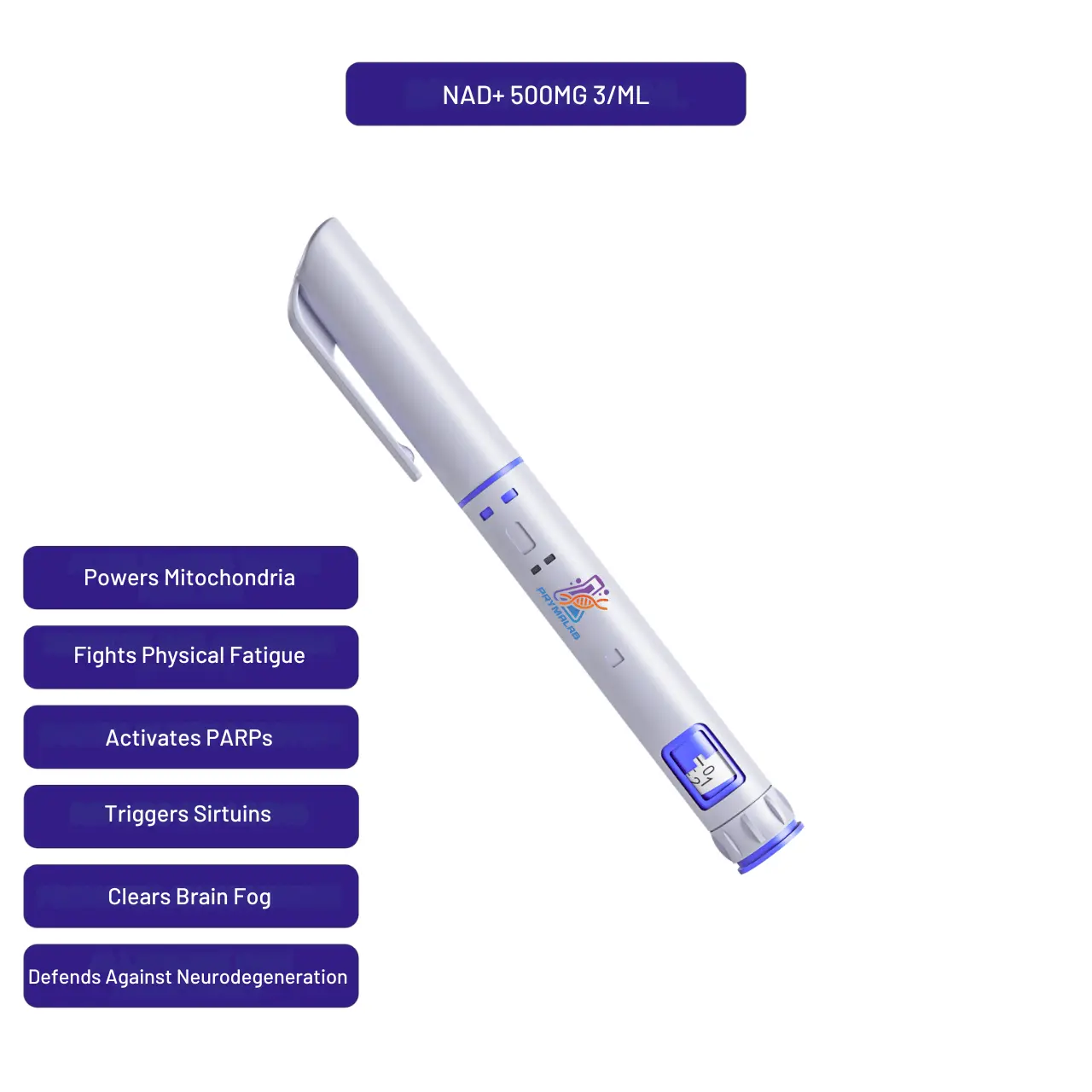 NAD+ (injectable) preloaded 3ml autoinjector pen at 500mg/ml with callouts of key research features
