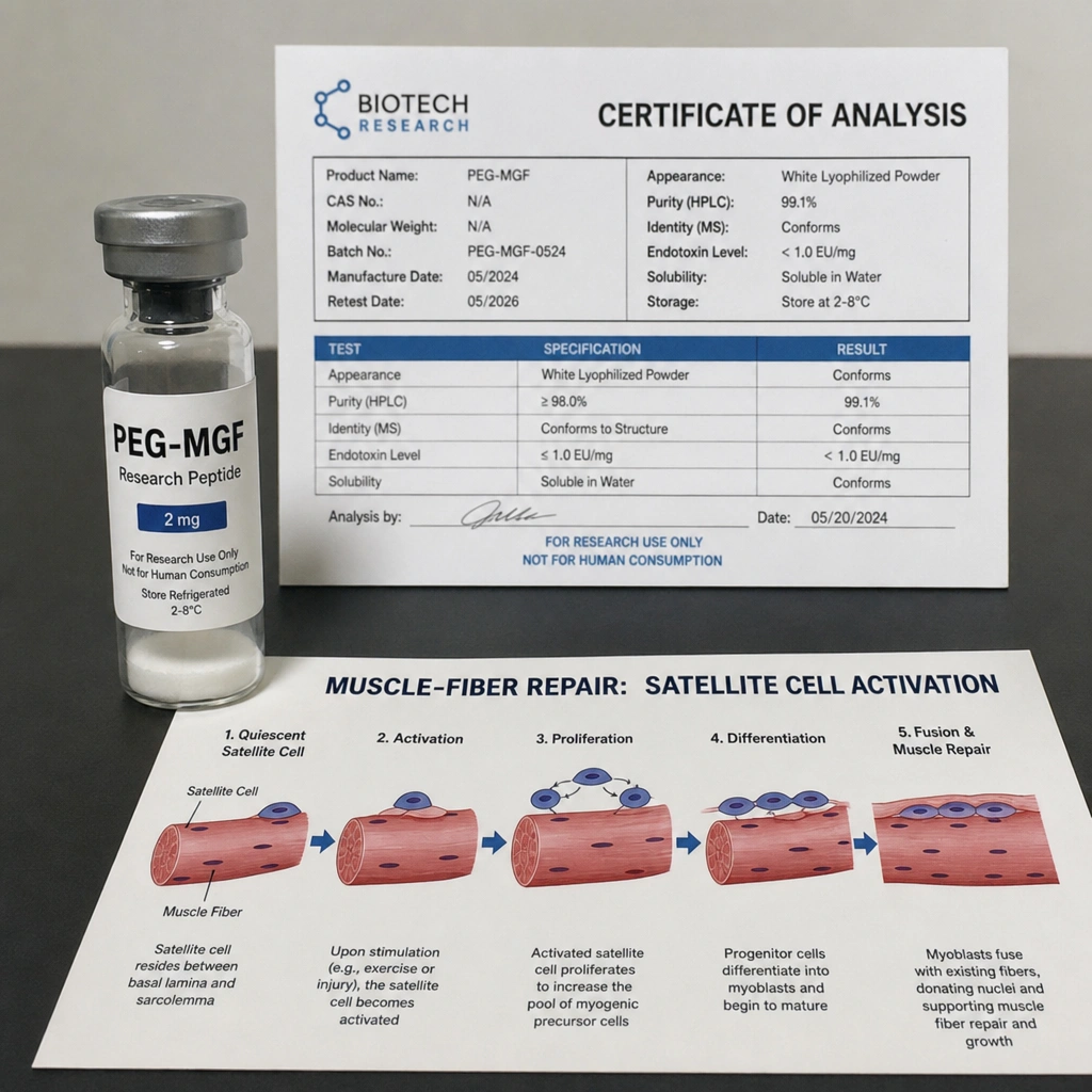 PEG-MGF research peptide vial beside a Certificate of Analysis and a muscle-fiber repair diagram explaining satellite cell activation