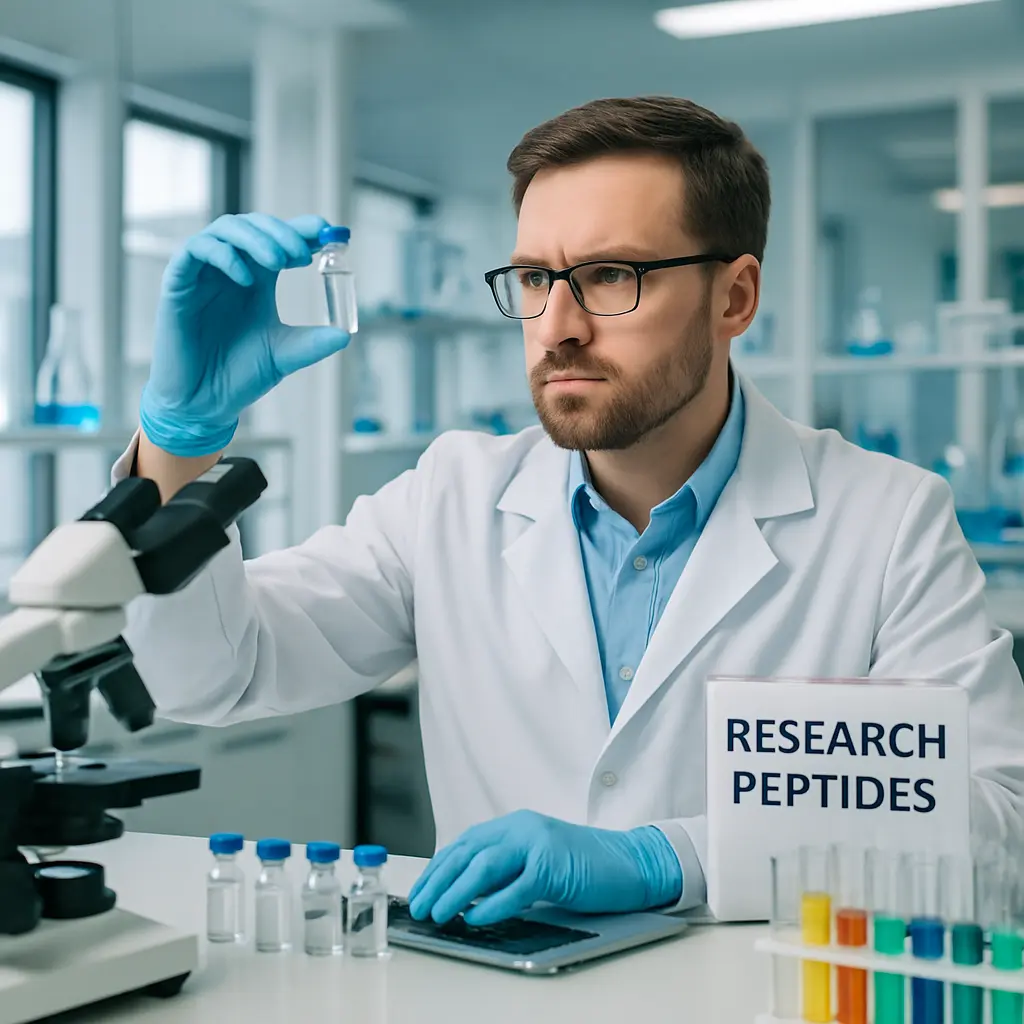 Peptide sciences shut down: a scientist in a modern lab analyzing research peptides, with vetted PeptideSciences.com alternatives for 2026 labeled PrymaLab.