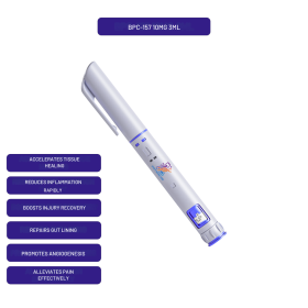 BPC-157 preloaded 3ml autoinjector pen at 5mg/ml with callouts of key research features