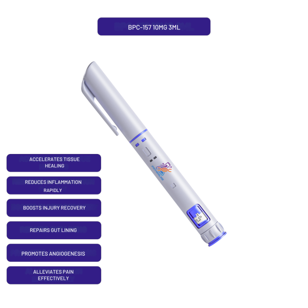 BPC-157 preloaded 3ml autoinjector pen at 5mg/ml with callouts of key research features