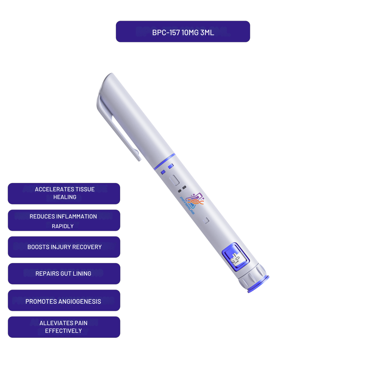BPC-157 preloaded 3ml autoinjector pen at 5mg/ml with callouts of key research features