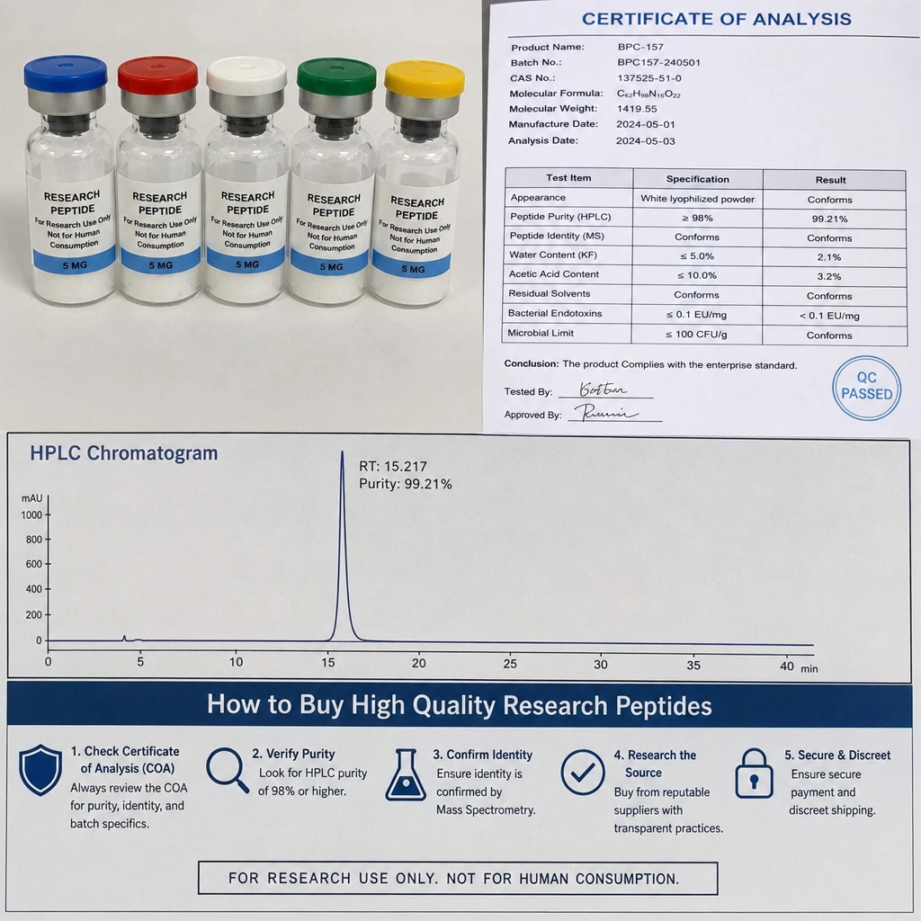 Peptide vial and Certificate of Analysis with a checklist illustrating how to evaluate peptide safety for long-term use