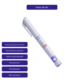 Semax preloaded 10ml autoinjector pen at 1mg/ml with callouts of key research features