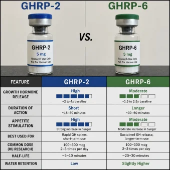 Side by side comparison of GHRP-2 and GHRP-6 peptide vials next to a chart showing growth hormone release and appetite stimulation effects.