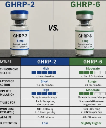 Side by side comparison of GHRP-2 and GHRP-6 peptide vials next to a chart showing growth hormone release and appetite stimulation effects.