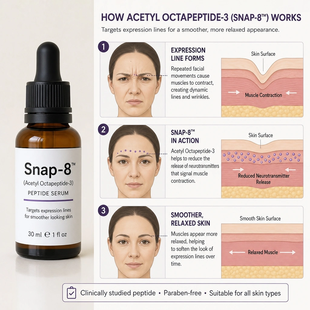 Snap-8 peptide serum dropper beside a diagram of facial expression lines explaining how acetyl octapeptide-3 works