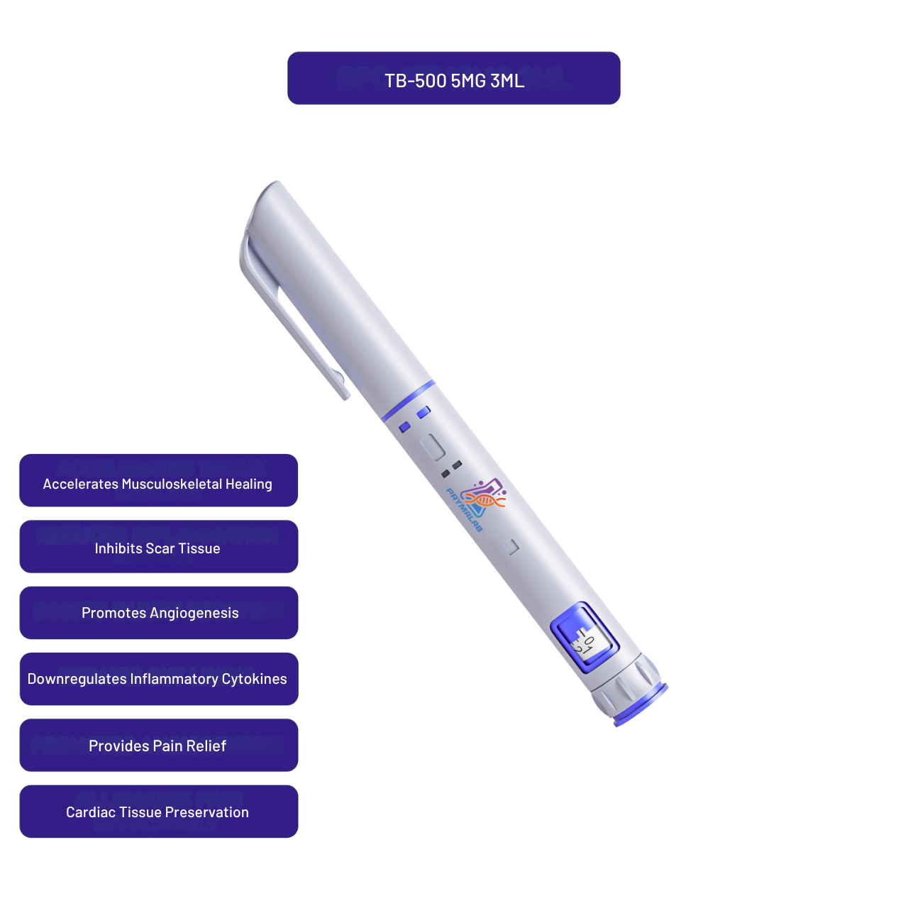 TB-500 preloaded 3ml autoinjector pen at 5mg/ml with callouts of key research features