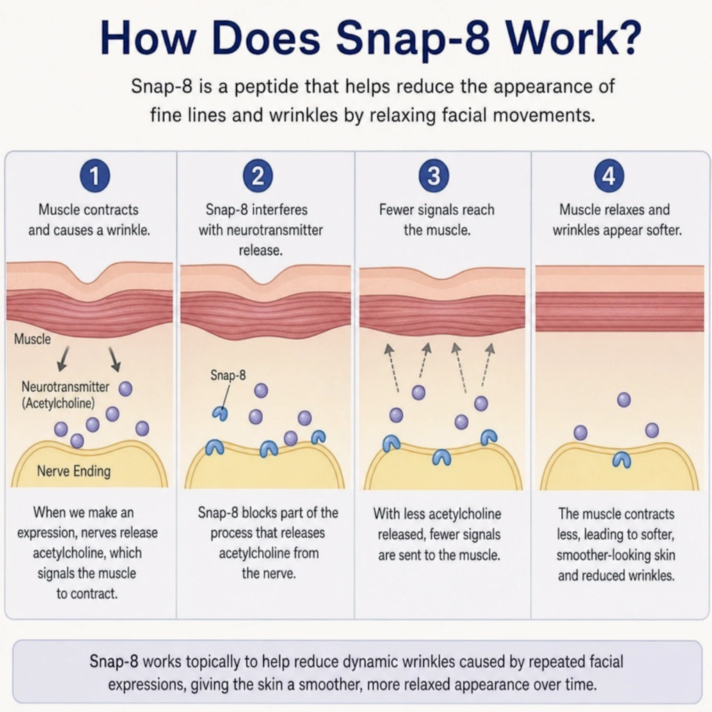 A infographic/diagram explaining and howing how snap-8 peptide works to smooth fine lines and wrinkles