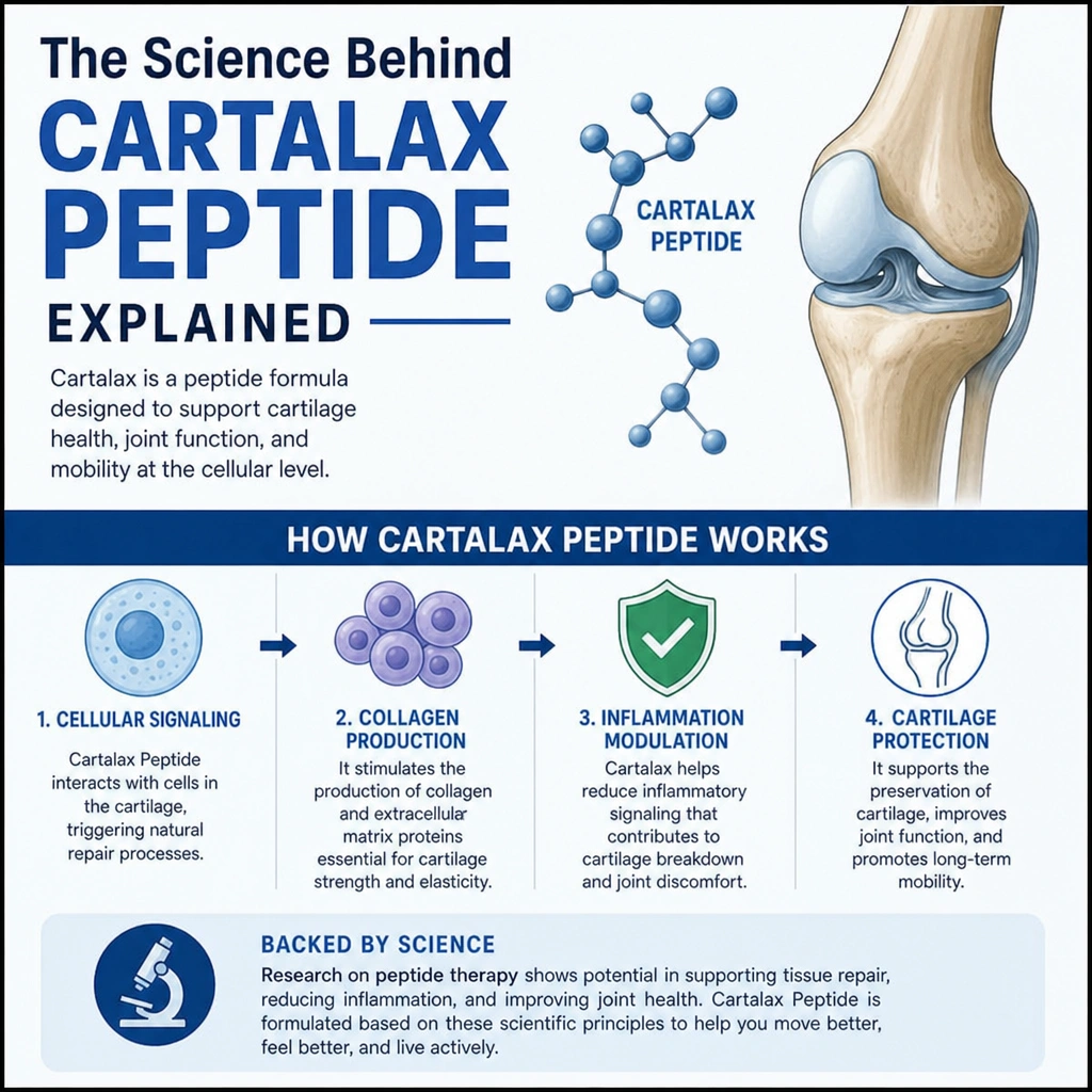 A detailed infographic that explains what researchers and scientists have already discovered to be true with the cartalx peptide so far.