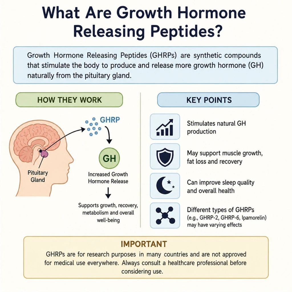 Overview of what growth hormone releasing peptides are and how they work in the body, along with key points.