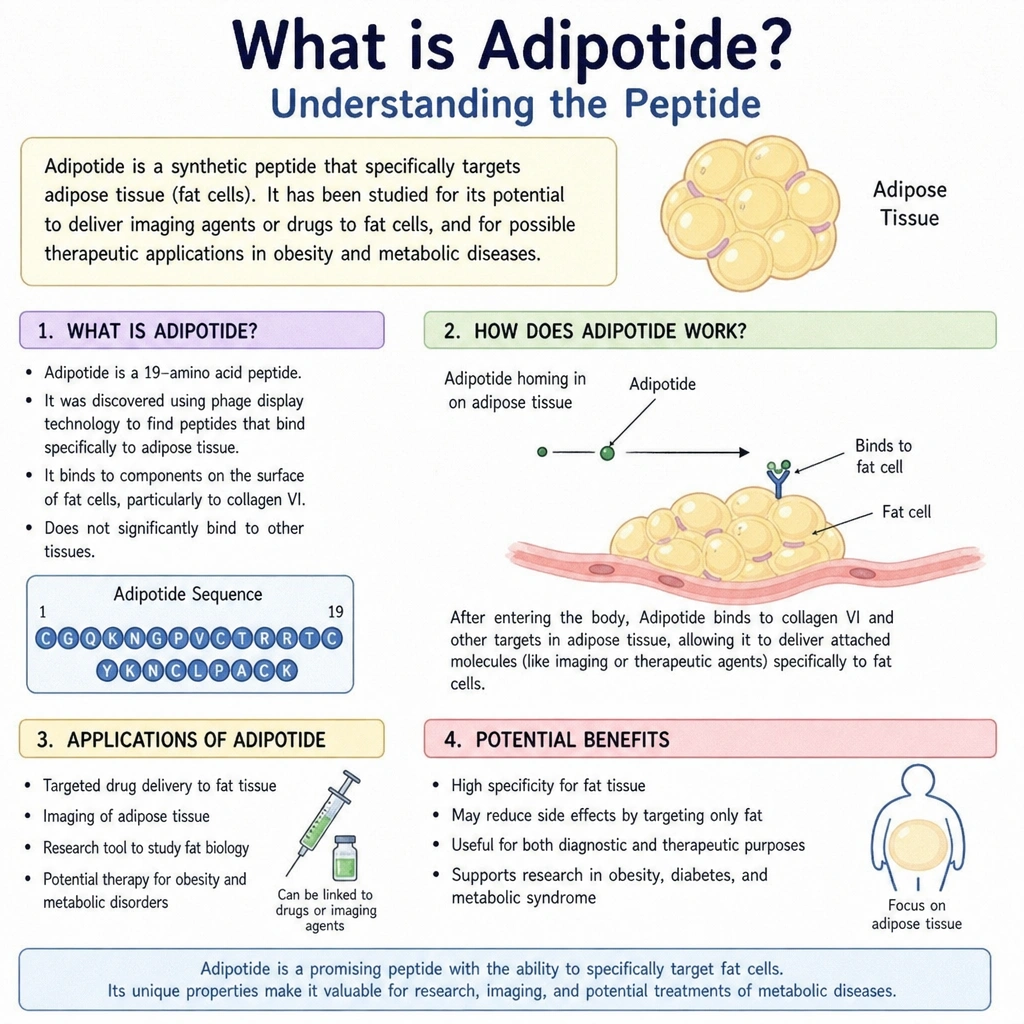 Illustration that explains what adipotide is and how it works.