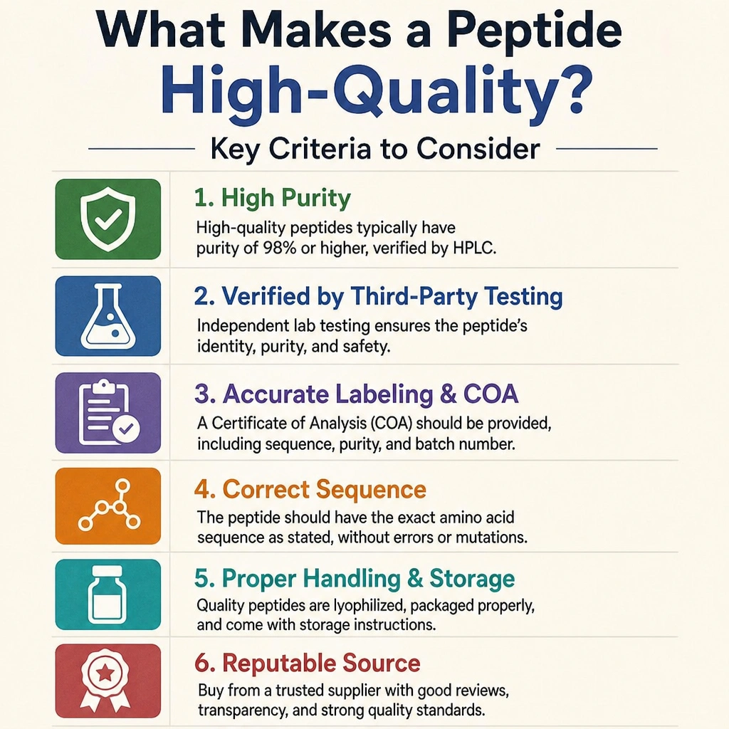 A diagram explaining what makes a peptide high quality.