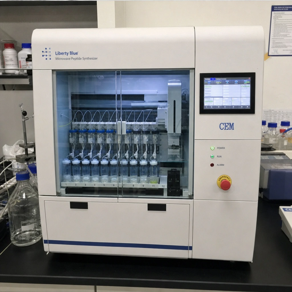 Picture showing a new microwave peptide synthesizer.