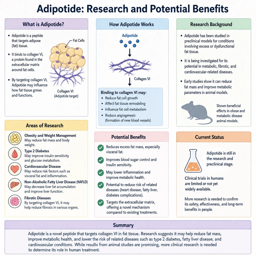Illustration that explains the actual research and data we have on the adiptoide peptide so far.