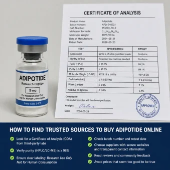 Adipotide research peptide vial next to a Certificate of Analysis showing how to find trusted sources to buy online.