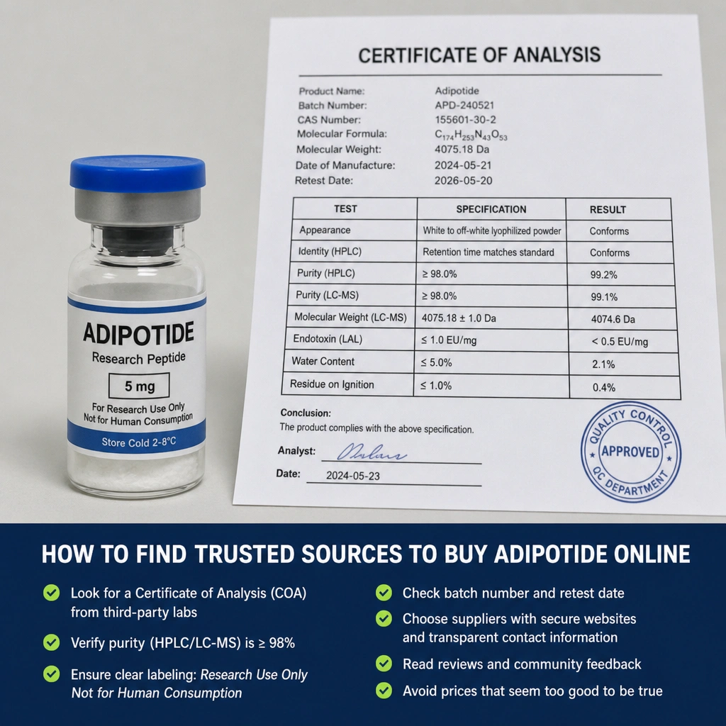 Adipotide research peptide vial next to a Certificate of Analysis showing how to find trusted sources to buy online.