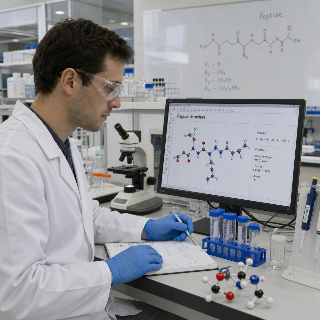 biochemist researcher with a diagram of a peptide structure.