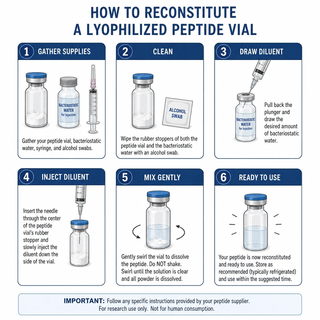 A detailed diagram showing and explaining how to properly reconstitute a lyosophilized vial of peptide.