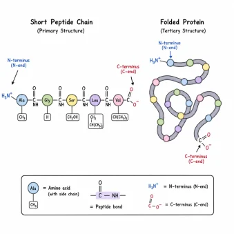 A comparative diagram showing a short linear peptide chain with amino acids linked by peptide bonds next to a complex, three-dimensional folded protein. The illustration clearly highlights individual amino acid residues, the primary polypeptide backbone, and labeled N-terminus and C-terminus ends to demonstrate molecular structure differences.