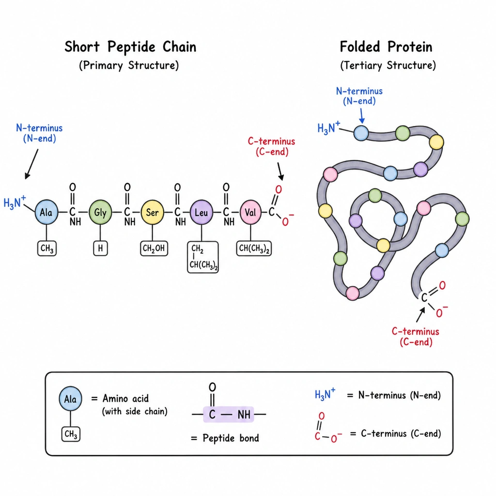 Diagram comparing a short peptide chain to a folded protein, showing amino acids linked by peptide bonds with N- and C-termini labeled