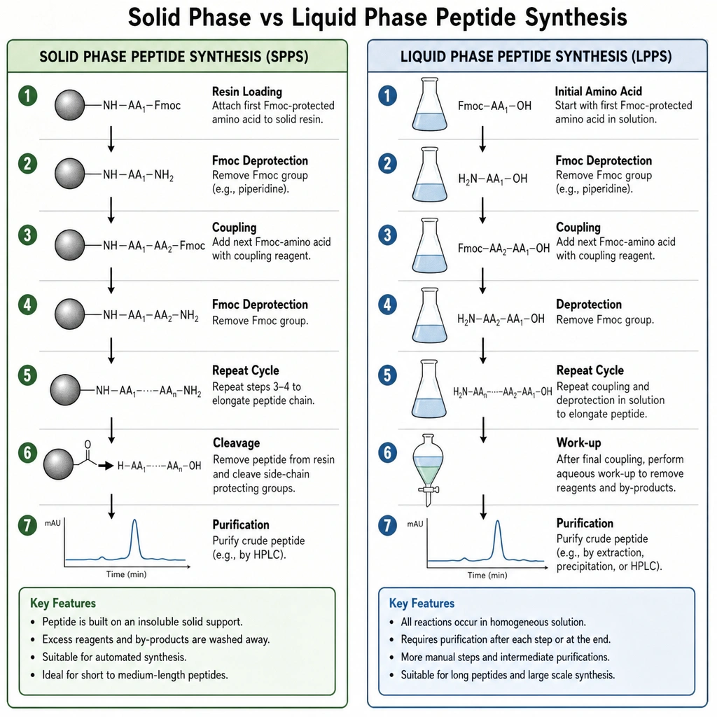 Infographic diagram showing and comparing solid phase peptide synthesis with liquid phase peptide synthesis.