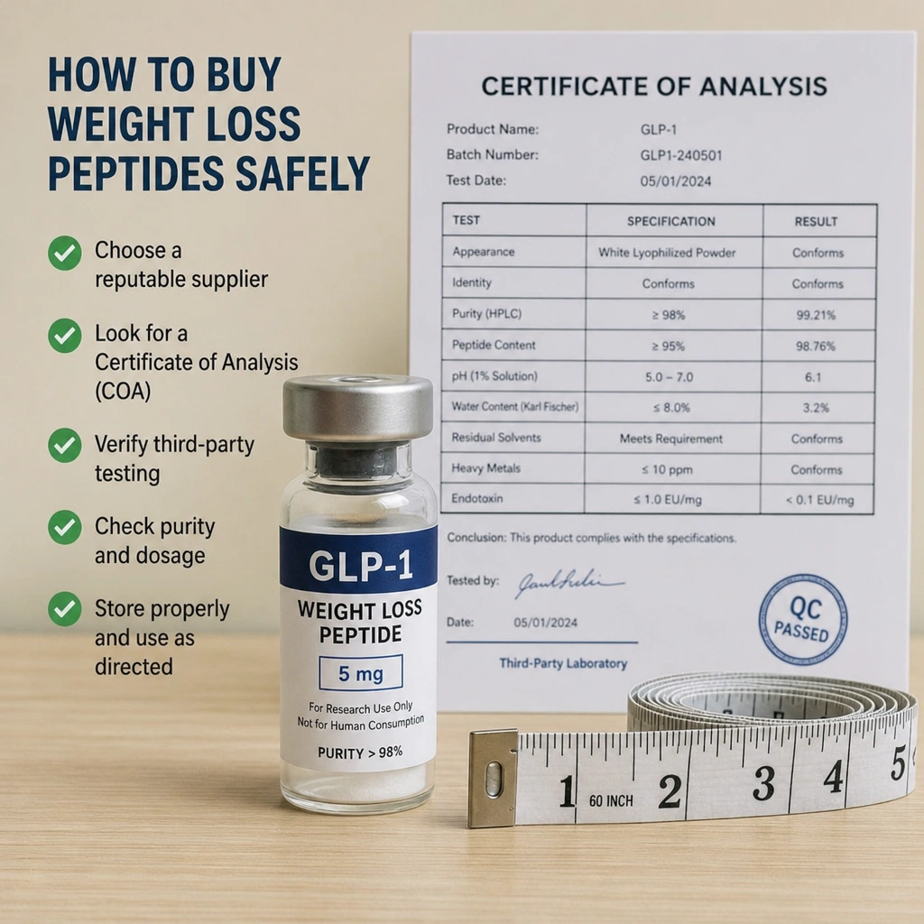GLP-1 weight-loss peptide vial beside a Certificate of Analysis and a tape measure, illustrating how to buy weight-loss peptides safely