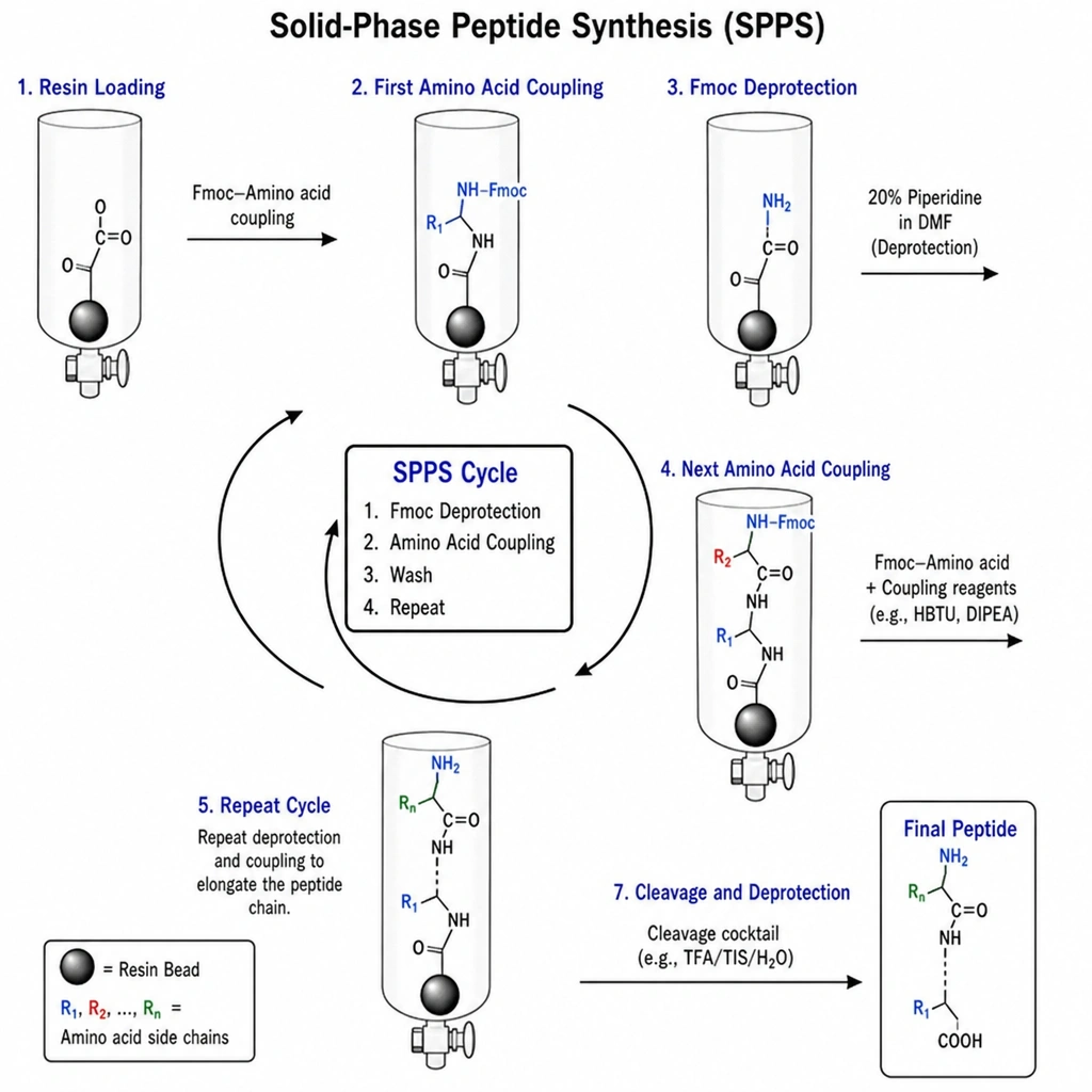 Laboratory solid-phase peptide synthesis setup showing resin beads, amino-acid coupling, and the Fmoc deprotection cycle