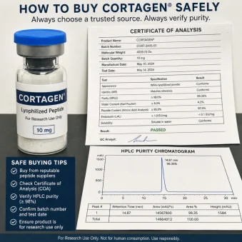 Lyophilized Cortagen peptide vial next to a Certificate of Analysis and HPLC purity chromatogram showing how to buy safely.
