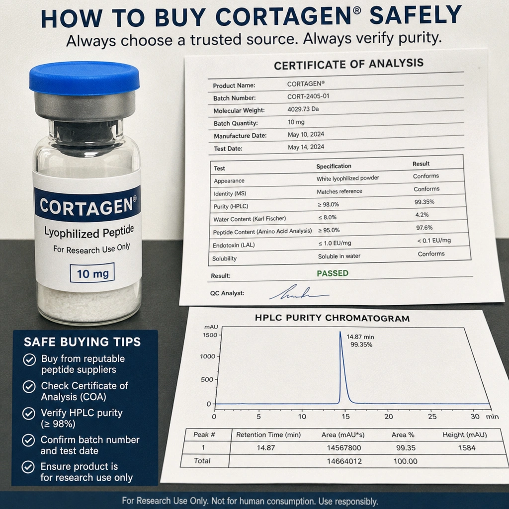 Lyophilized Cortagen peptide vial beside a Certificate of Analysis and HPLC purity chromatogram, illustrating how to buy Cortagen safely