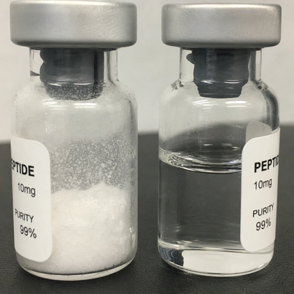 two vials of peptide one before lyosophilization and one after reconstitution.