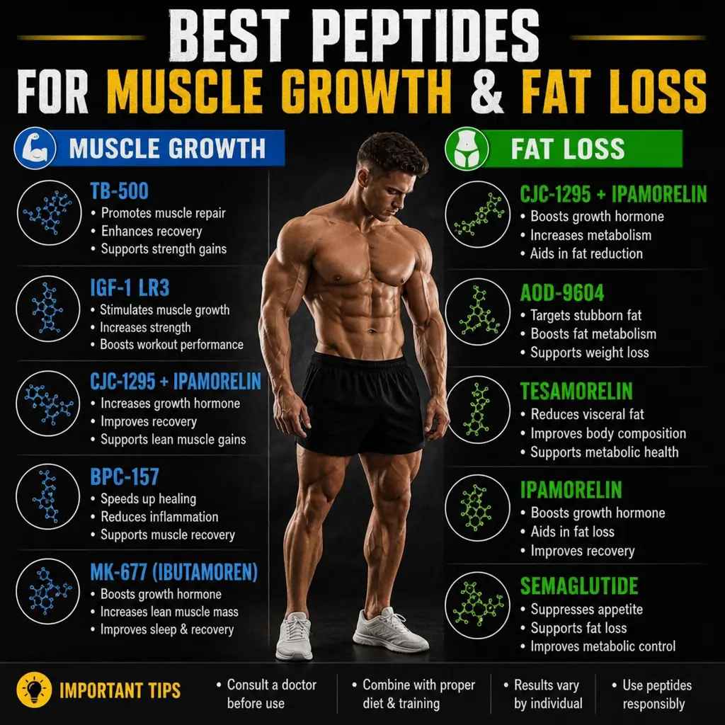 A infographic picture with a very muscular man in the center and different peptides listed describing how each improves muscle growth and increases fat loss.