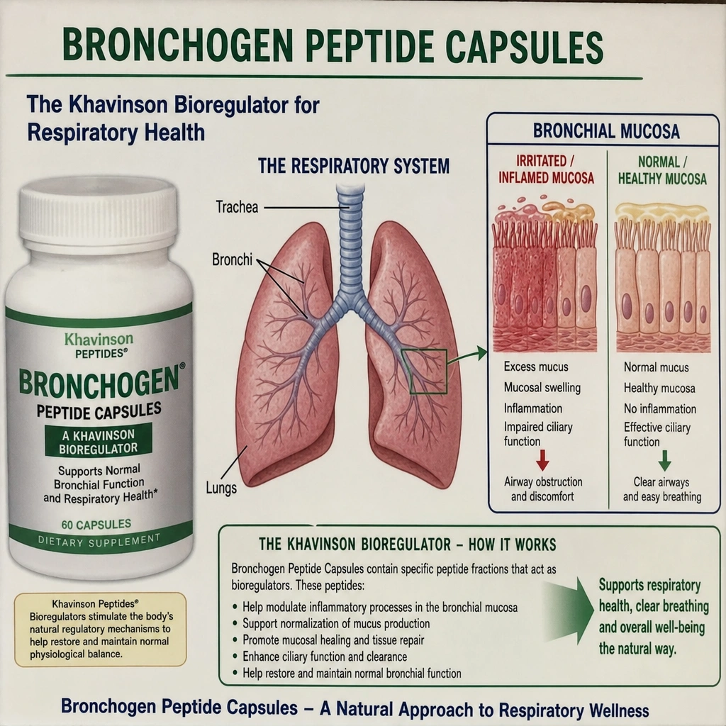 Bronchogen peptide capsule bottle beside a diagram of the lungs and bronchial mucosa explaining the Khavinson bioregulator