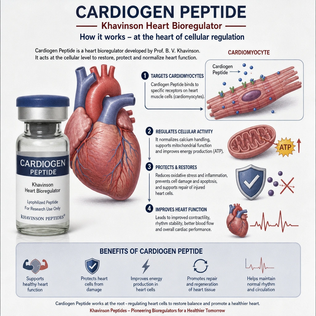 Cardiogen peptide vial beside a heart and cardiomyocyte illustration explaining how the Khavinson heart bioregulator works