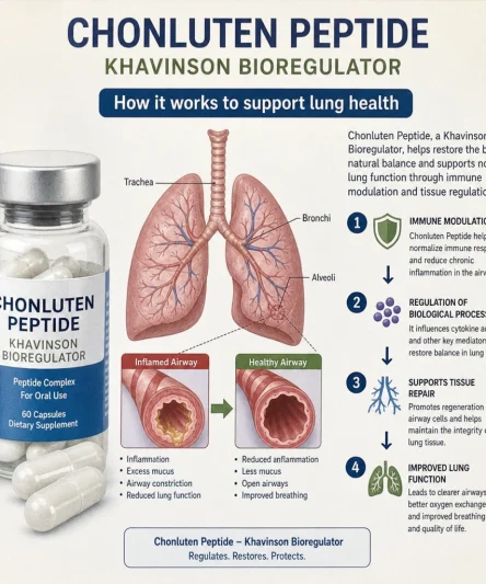Chonluten peptide capsule vial beside a lung and bronchial illustration explaining how the Khavinson bioregulator works