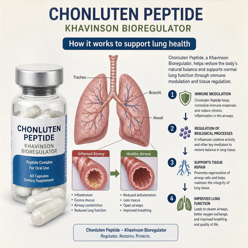 Chonluten peptide capsule vial beside a lung and bronchial illustration explaining how the Khavinson bioregulator works