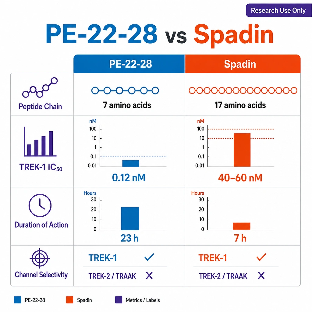 PE-22-28 vs Spadin. Column headers with two peptide chains (7 amino acids vs 17 amino acids). Rows shown as small bar-graph icons: TREK-1 IC₅₀ (0.12 nM vs 40–60 nM), duration of action (23 h vs 7 h), channel selectivity (TREK-1 ✓, TREK-2/TRAAK ✗ for both).