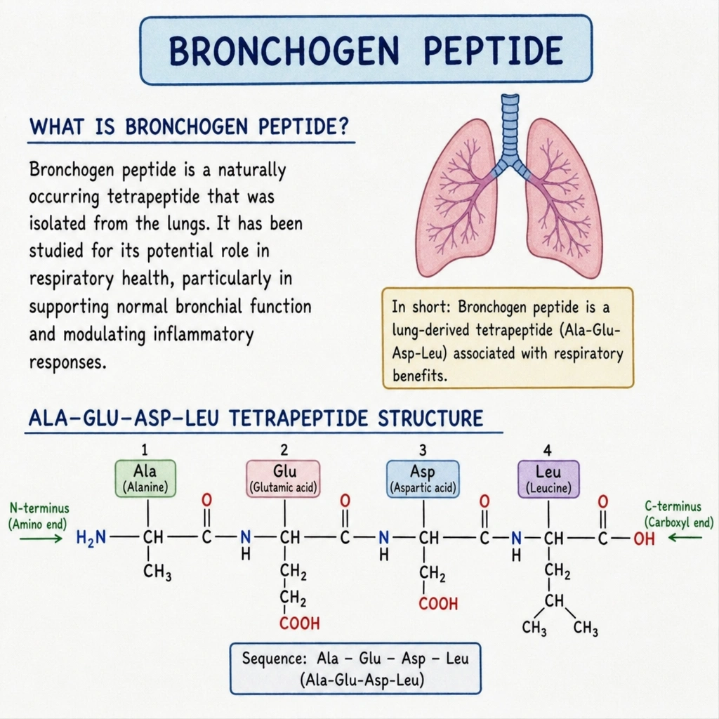 Diagram explaining what Bronchogen peptide is and its Ala-Glu-Asp-Leu tetrapeptide structure