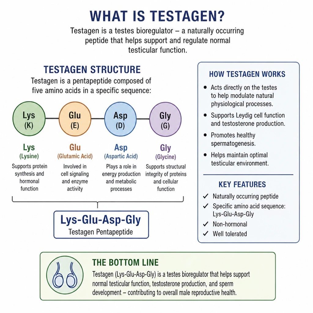 Diagram explaining what Testagen is and its Lys-Glu-Asp-Gly testes bioregulator structure