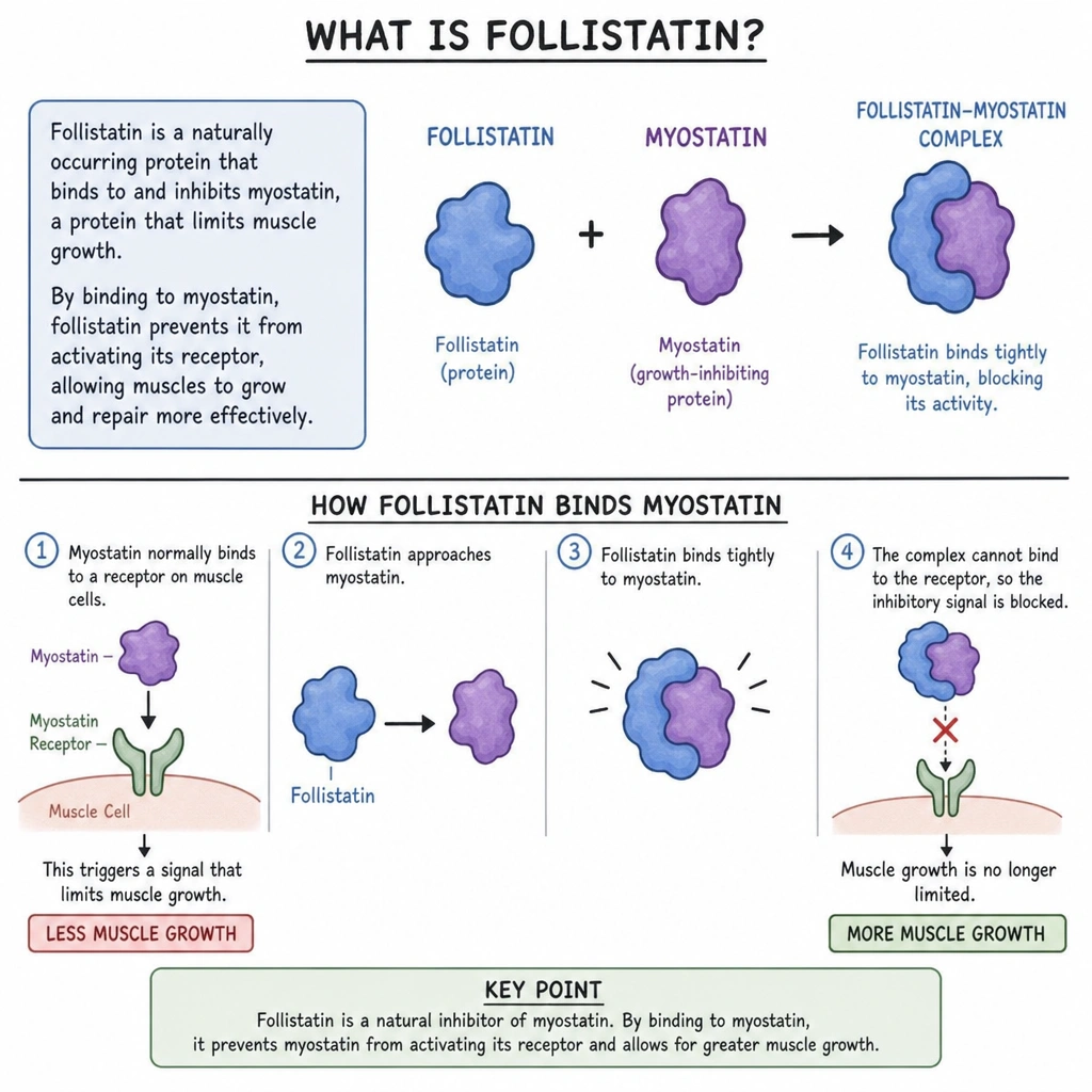 Diagram explaining what follistatin is and how the follistatin peptide binds myostatin