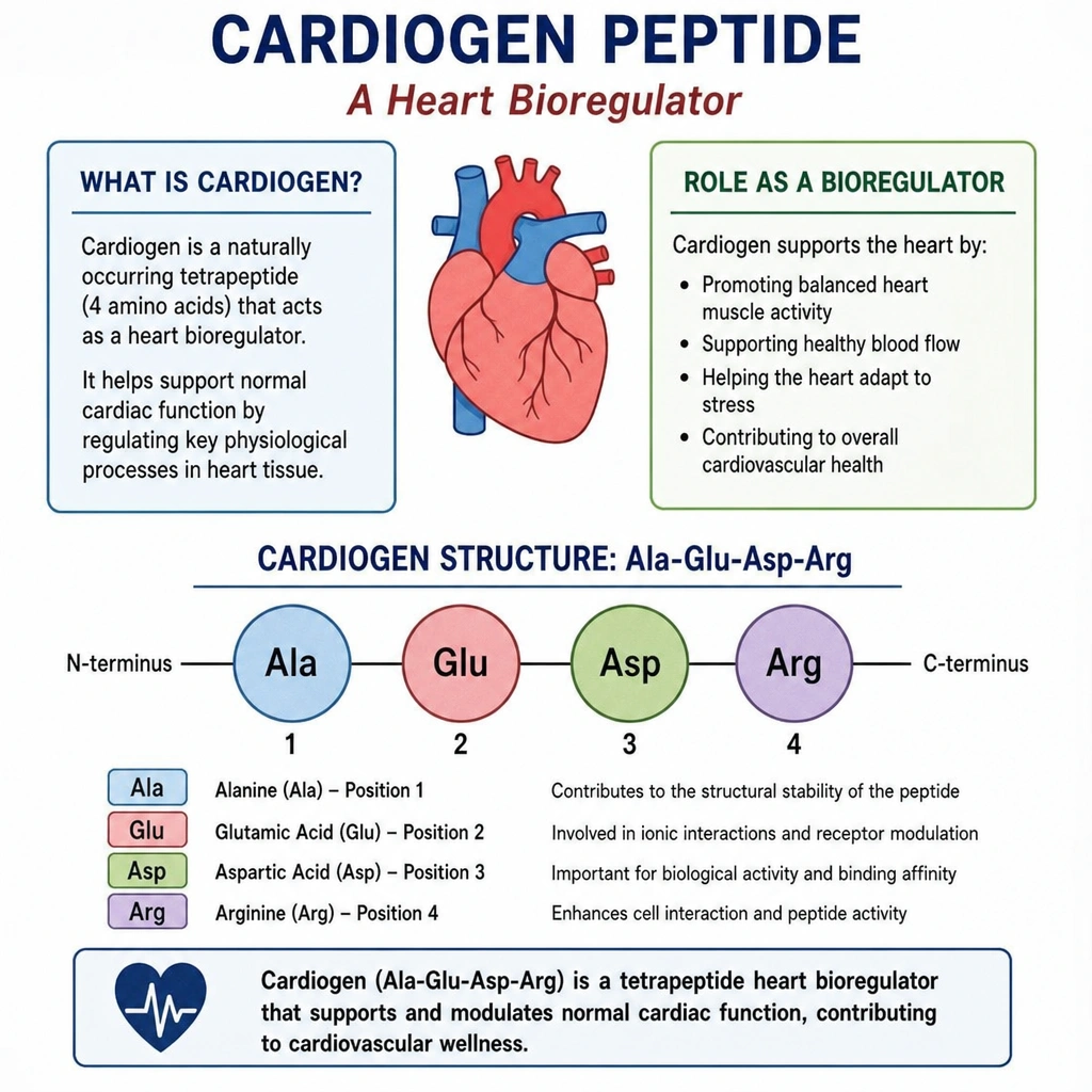 Diagram explaining what the Cardiogen peptide is and its Ala-Glu-Asp-Arg heart bioregulator structure