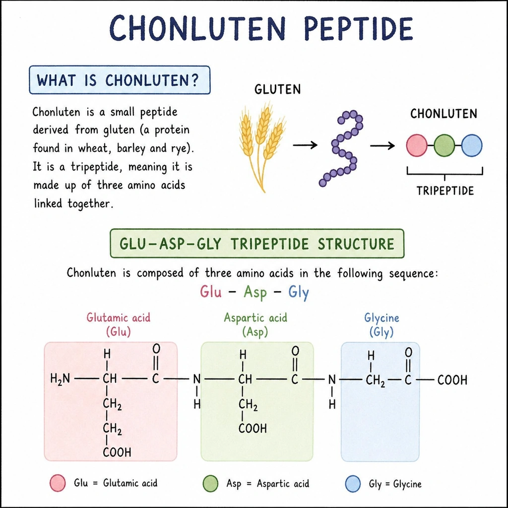 Diagram explaining what the Chonluten peptide is and its Glu-Asp-Gly tripeptide structure